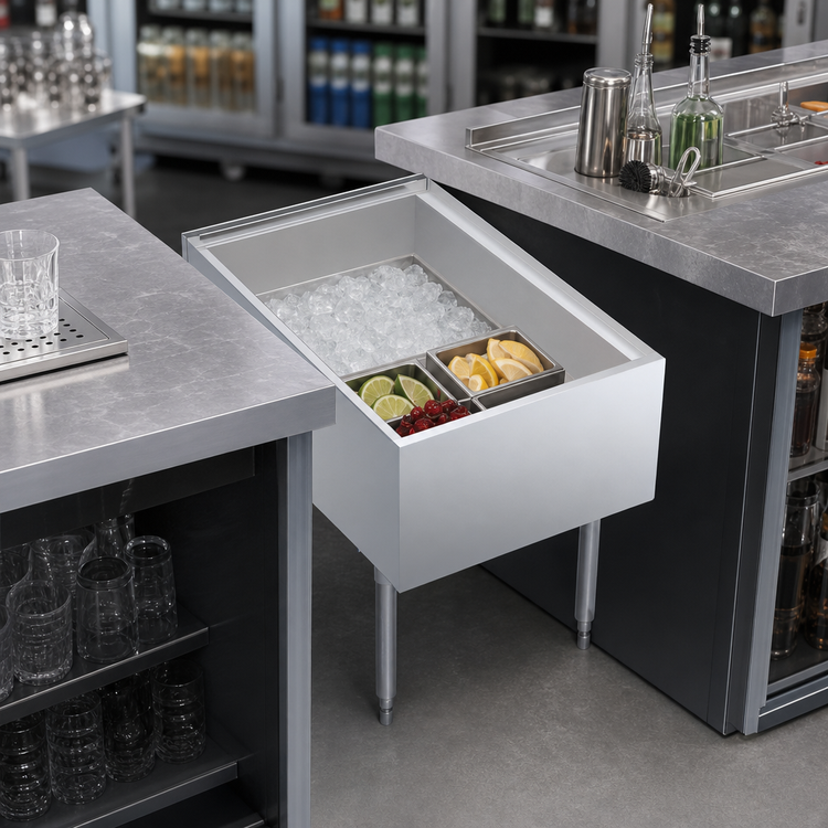 Product image #3 for Krowne Royal Series Pass-Thru Underbar Ice Bin/Cocktail Station with 10-Circuit Cold Plate, 24"W x 35"D