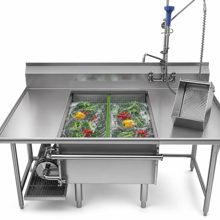 Product image #3 for Power Soak Power Prep Unlimited 66-Inch 2-Bay Produce Wash Sink, Left-to-Right, 208V, 3-Phase