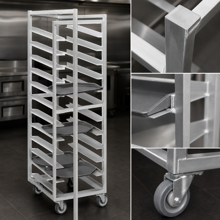 Product image #3 for Channel Trapezoidal Aluminum Cafeteria Tray Rack Cart, Single Section, 36-Inch High, End Load, 18-Tray Capacity, 15 x 20 Tray Size