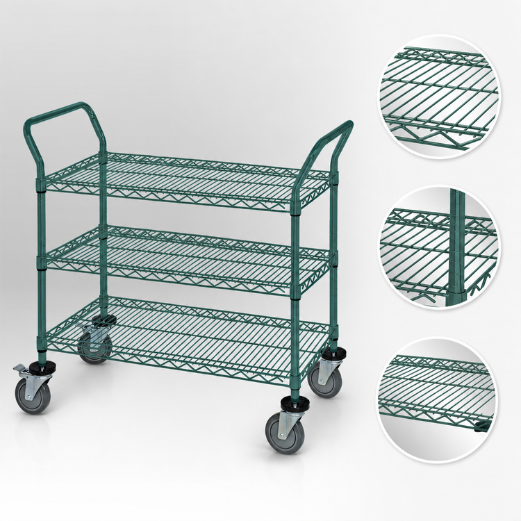 Product image #3 for Quantum WRC-2430P-3 Three-Shelf Wire Utility Bus Cart with U-Handles and Open Base