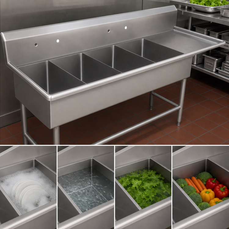 Product image #3 for John Boos Pro-Bowl 4-Compartment Stainless Steel Sink with Right Drainboard, 18 x 18 x 14 in. Bowls