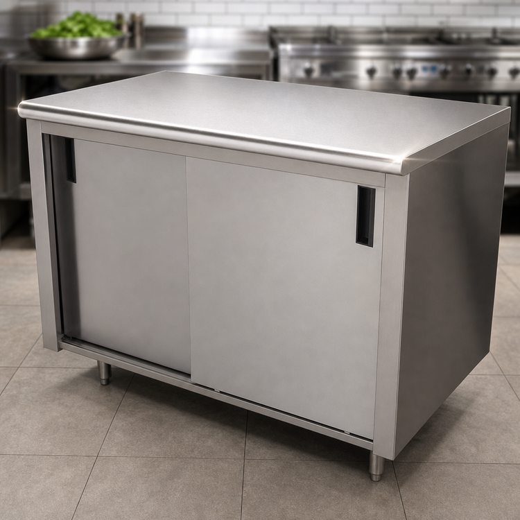 Product image #3 for Advance Tabco Special Value Series Enclosed Work Table with Sliding Doors, 60 Inch x 24 Inch, 16 Gauge 304 Stainless Steel Top