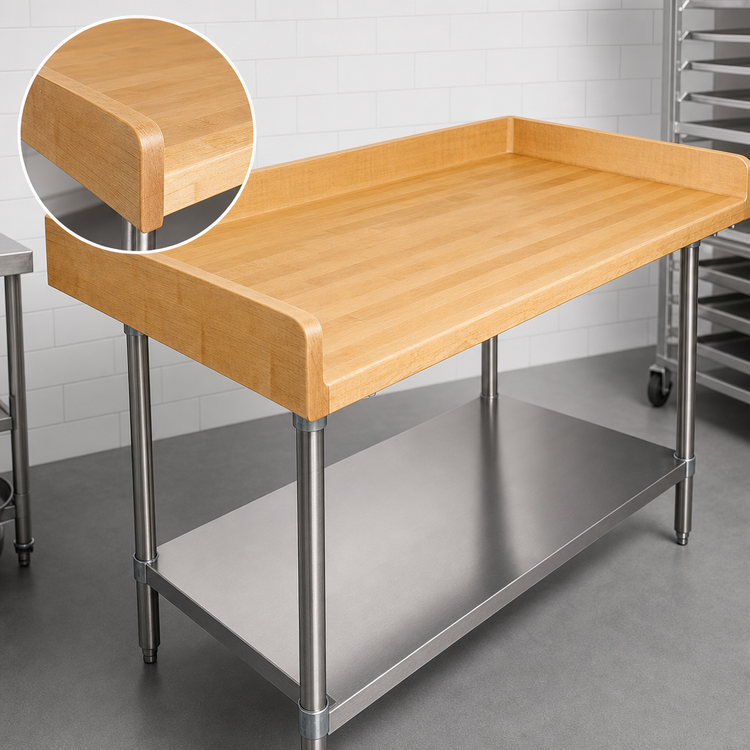 Product image #3 for Advance Tabco 48" x 36" Bakers' Table with 1-3/4" Wood Top, 4" Rear & Side Splash, and Stainless Steel Undershelf