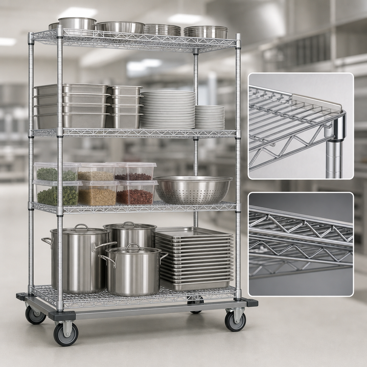 Product image #3 for Eagle Group 4-Tier Chrome Wire Shelving Dolly Truck with Poly Swivel/Brake Casters, 60 x 24 Inches