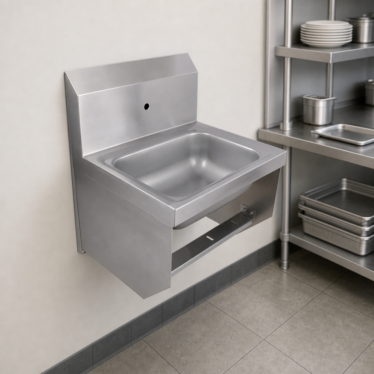 Product image #3 for BK Resources Wall-Mounted 304 Stainless Steel Hand Sink with 14" x 10" Bowl and Basket Drain