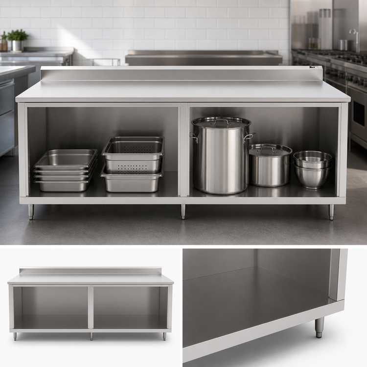 Product image #3 for John Boos 120-Inch 16-Gauge Stainless Steel Work Table with Open-Front Cabinet Base and 5-Inch Backsplash