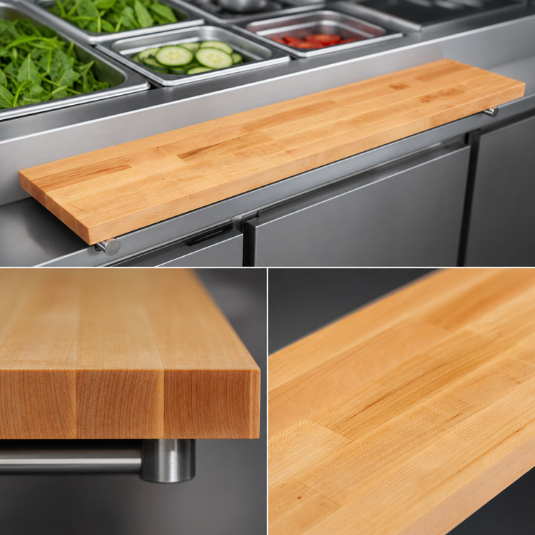 Product image #3 for John Boos 72 Inch x 8 Inch Edge Grain Northern Hard Rock Maple Steam Table Cutting Board with Adjustable Stainless Steel Supports