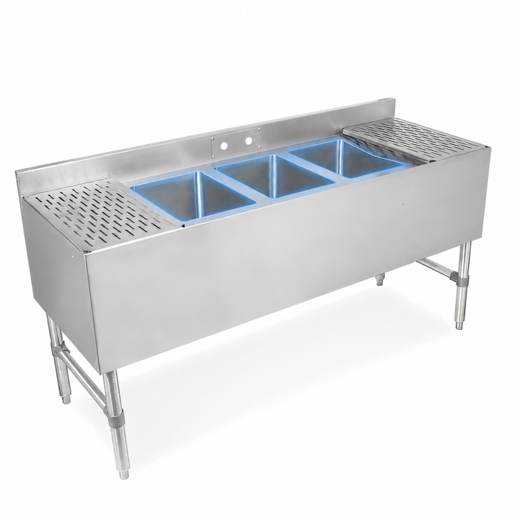 Product image #3 for John Boos UBS3-2160-2D12 3-Compartment Underbar Sink Unit with Dual 12-Inch Drainboards, 60-Inch Wide