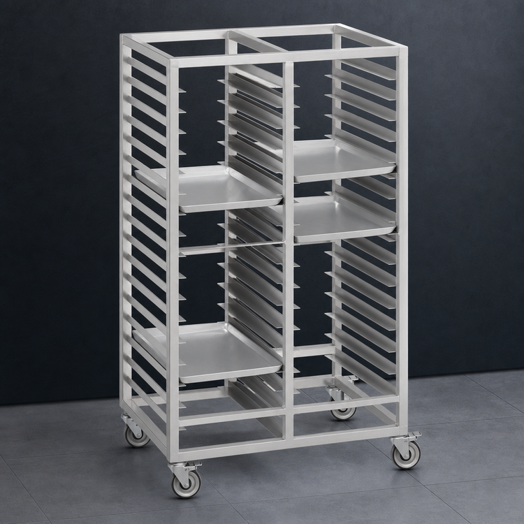 Product image #3 for Double Section Aluminum Cafeteria Tray Rack with 5-Inch Swivel Plate Casters, 64 Inch High, 28 Tray Capacity
