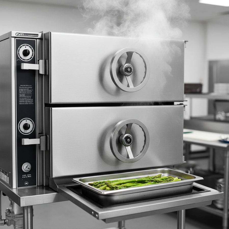 Witness the Crown DCL-3 steamer's direct steam operation, ensuring consistent, high-temperature cooking for perfectly prepared dishes.