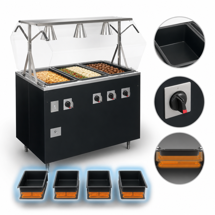 Product image #3 for Vollrath 2-Series Affordable Portable Deluxe 4-Well Mobile Hot Food Station with Sealed Wells, Breath Guard and Lights