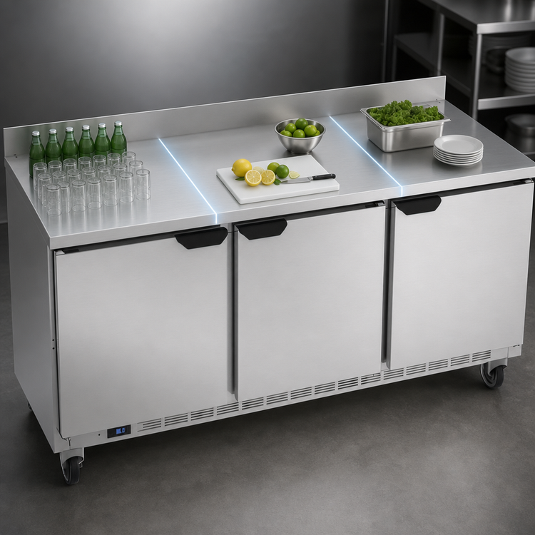 Product image #4 for Beverage-Air 72-Inch Three-Section Worktop Refrigerator with 3 Solid Doors and Rear-Mounted Self-Contained R290 Refrigeration