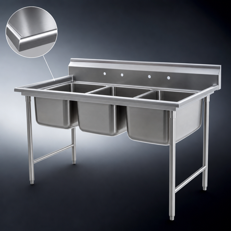 Product image #3 for Eagle Group 414 Series Coved Corner Three-Compartment Stainless Steel Sink, 65-1/2 Inch W, No Drainboards