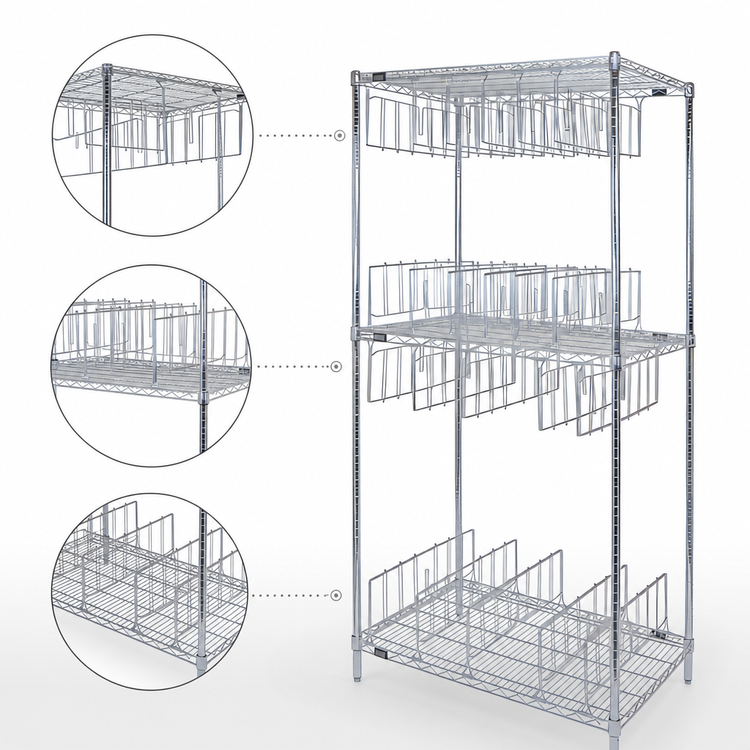 Product image #3 for Quantum 36-Inch Wide Chrome Plated Stationary Wire Shelving Stencil Unit with 3 Shelves and 22 Dividers