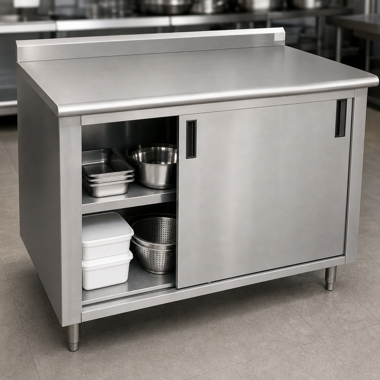 Product image #3 for Advance Tabco 60" x 36" Enclosed Work Table with Cabinet Base, Sliding Doors, 14-Gauge 304 Stainless Steel Top, and 1-1/2" Rear Up-Turn