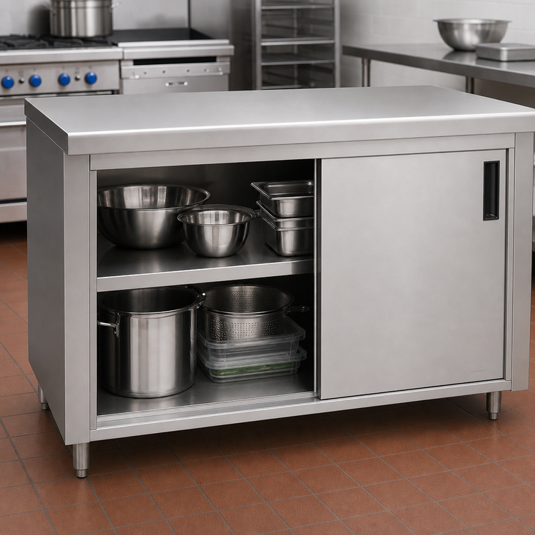 Product image #3 for Advance Tabco 72" x 36" Enclosed Stainless Steel Work Table with Cabinet Base, Mid-Shelf and Sliding Doors