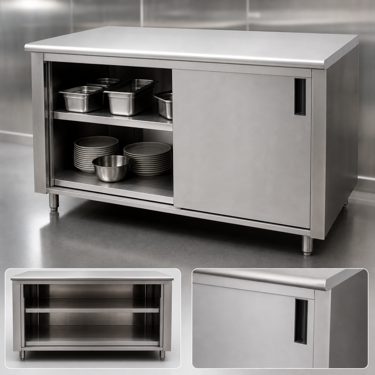 Product image #3 for Advance Tabco 96-Inch x 24-Inch Enclosed Stainless Steel Work Table with Cabinet Base, Mid-Shelf and Sliding Doors