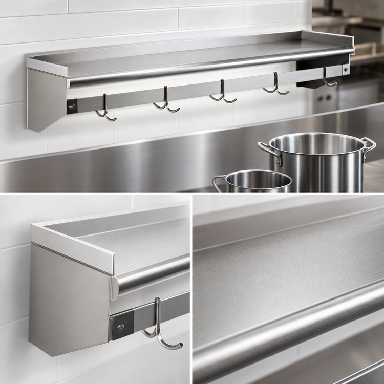Product image #3 for Eagle Group Wall-Mount Stainless Steel Pot Rack Shelf with Removable Hooks, 48 x 10 Inches