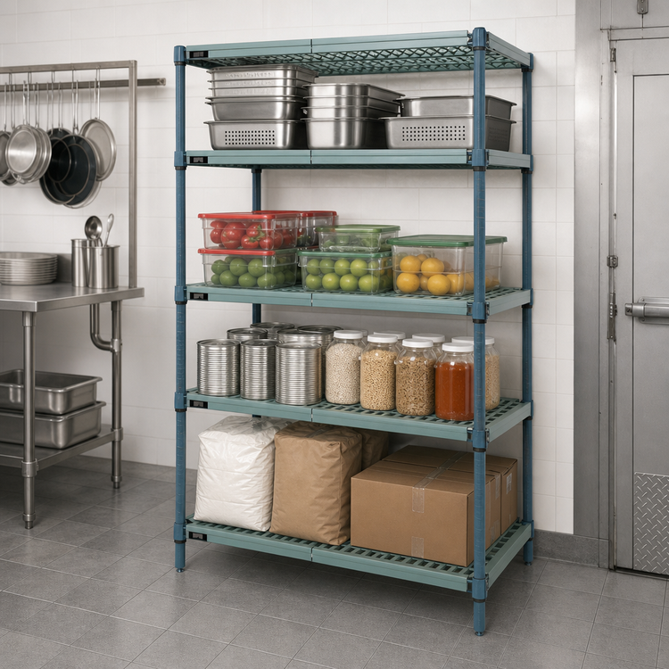 Product image #3 for Quantum 54"W x 14"D x 74"H 4-Tier Stationary Wire Plastic Mat Shelving Unit, Green Epoxy Coated