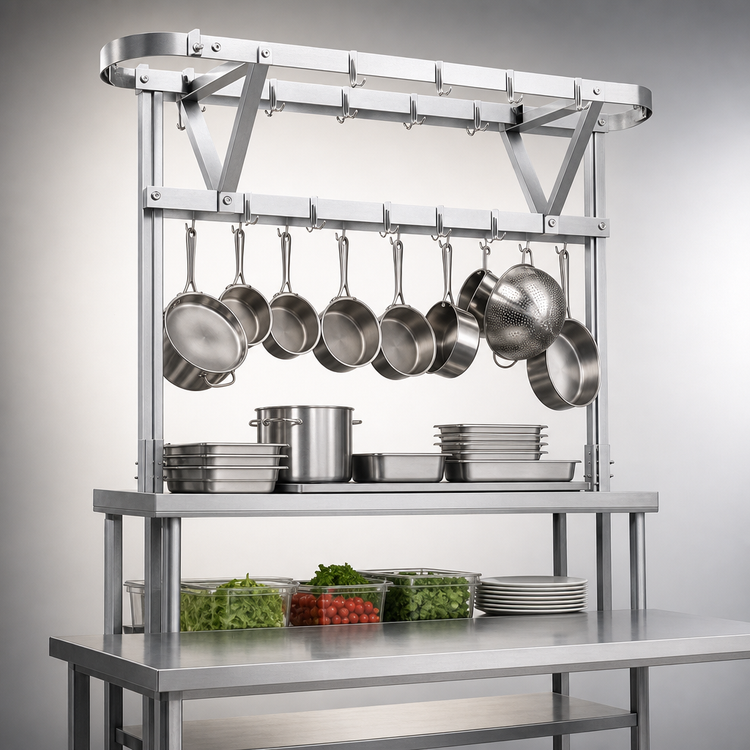 Product image #3 for Eagle Group Table-Mounted Aluminum Triple-Bar Pot Rack with 33 Double-Pronged Hooks for 132-Inch Tables