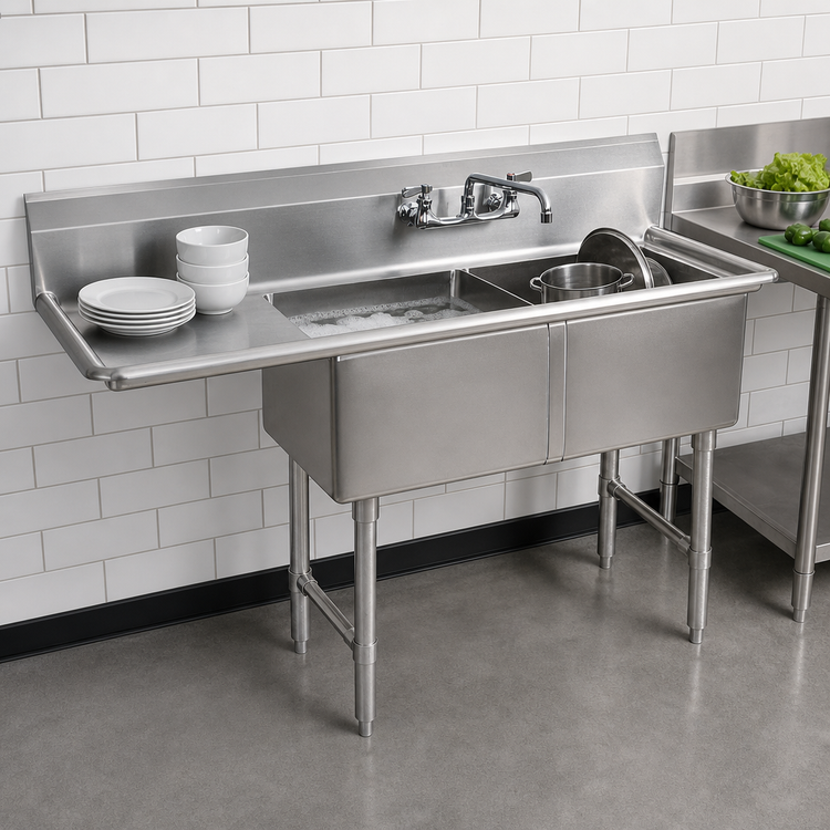 Product image #3 for BK Resources Two-Compartment Stainless Steel Sink with Left Drainboard, 18-Inch x 18-Inch x 14-Inch Bowls