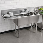 Thumbnail image #3 for BK Resources BKS6-2-18-14-18LS Two-Compartment Stainless Steel Sink, Left Drainboard, 18" x 18" x 14" Bowls, 16-Gauge, 10" Backsplash