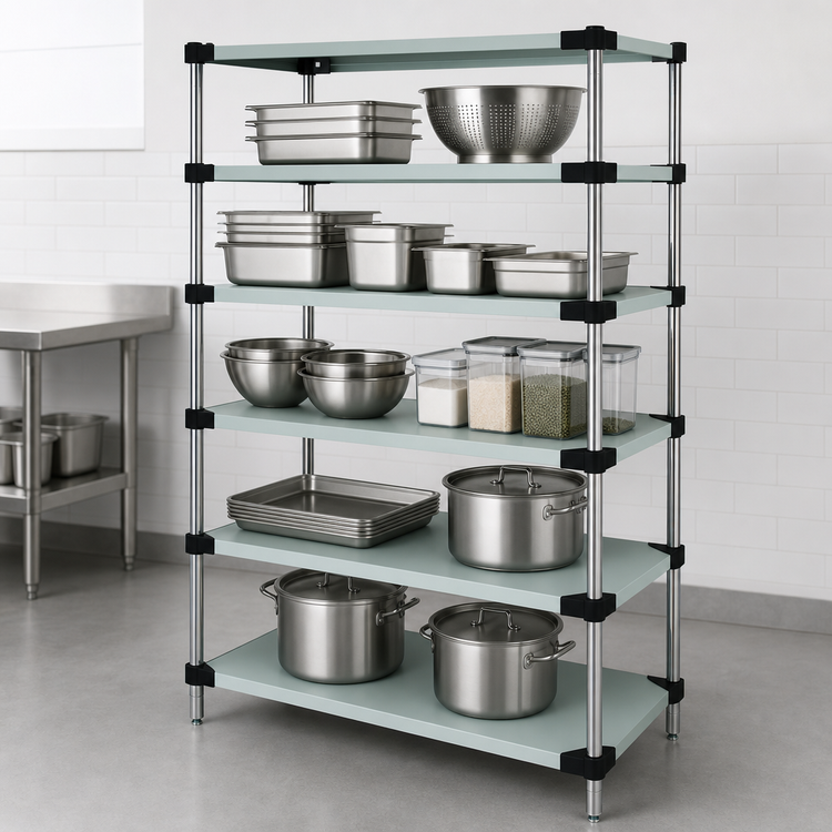 Product image #3 for Quantum Solid Stainless Steel Shelving Starter Kit, 48 Inch W x 14 Inch D x 54 Inch H, 5 Shelves