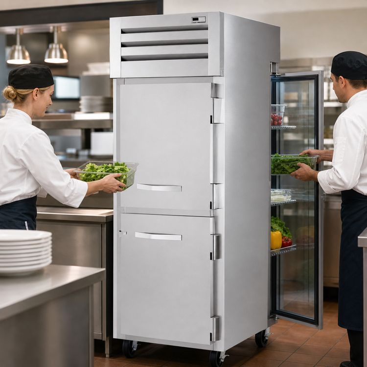 Product image #3 for Spec Series One-Section Pass-Thru Reach-In Refrigerator with 2 Solid Half Front Doors and Glass Rear Door