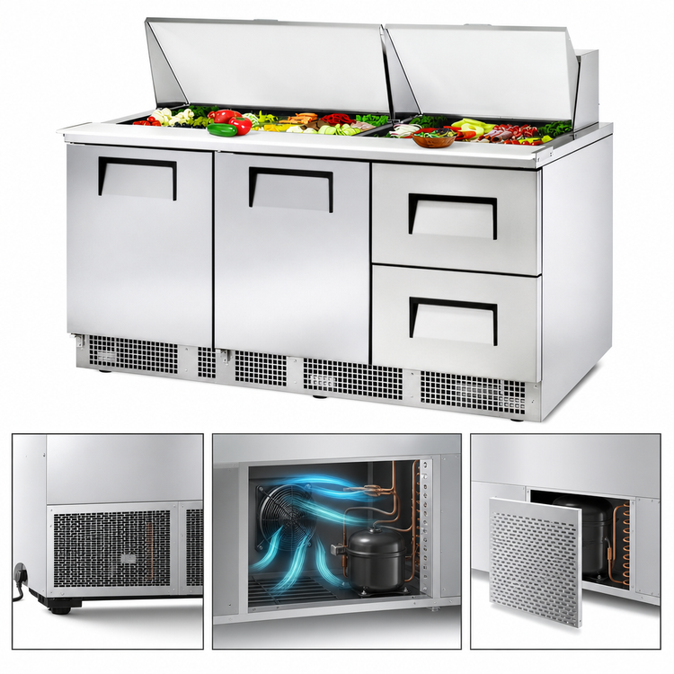 Product image #3 for 72-Inch Three-Section Sandwich/Salad Prep Table with Doors and Drawers, Rear-Mounted Self-Contained Refrigeration, 30-Pan Top Capacity