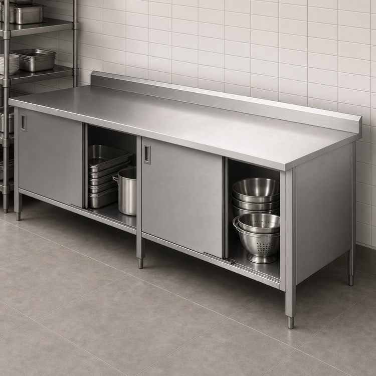 Product image #3 for John Boos Enclosed Base Stainless Steel Work Table with Sliding Doors, 120 x 24 Inches, 5-Inch Backsplash