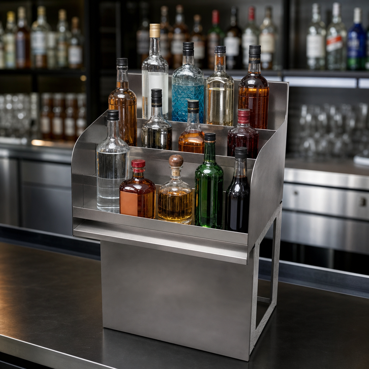 Product image #4 for BK Resources 12-Inch Wide x 18-1/4-Inch Deep Freestanding 4-Step Underbar Liquor Bottle Display, Stainless Steel, 13-Bottle Capacity