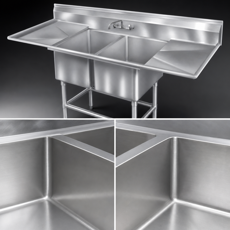 Product image #3 for Eagle Spec-Master FN Series Coved-Corner Two-Compartment Sink with Dual 18-Inch Drainboards, 76-Inch Wide