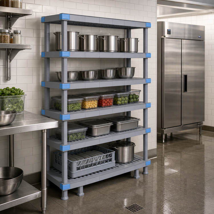 Product image #3 for Quantum Millenia 72-Inch W x 24-Inch D x 50-Inch H Open Grid Polymer Shelving Unit with 5 Shelves and Dunnage Stand