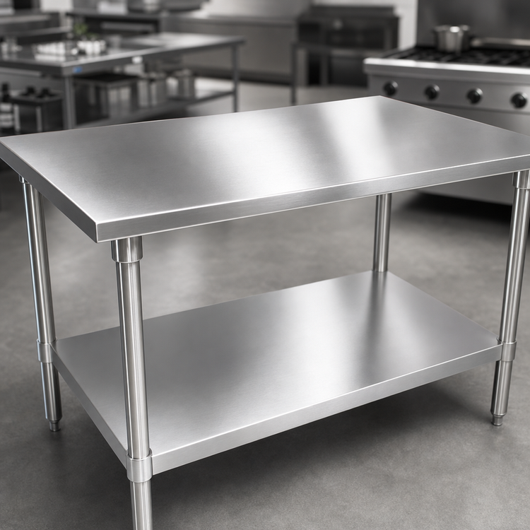 Product image #3 for John Boos 120" x 48" 14-Gauge 300 Series Stainless Steel Flat Top Work Table with Adjustable Undershelf