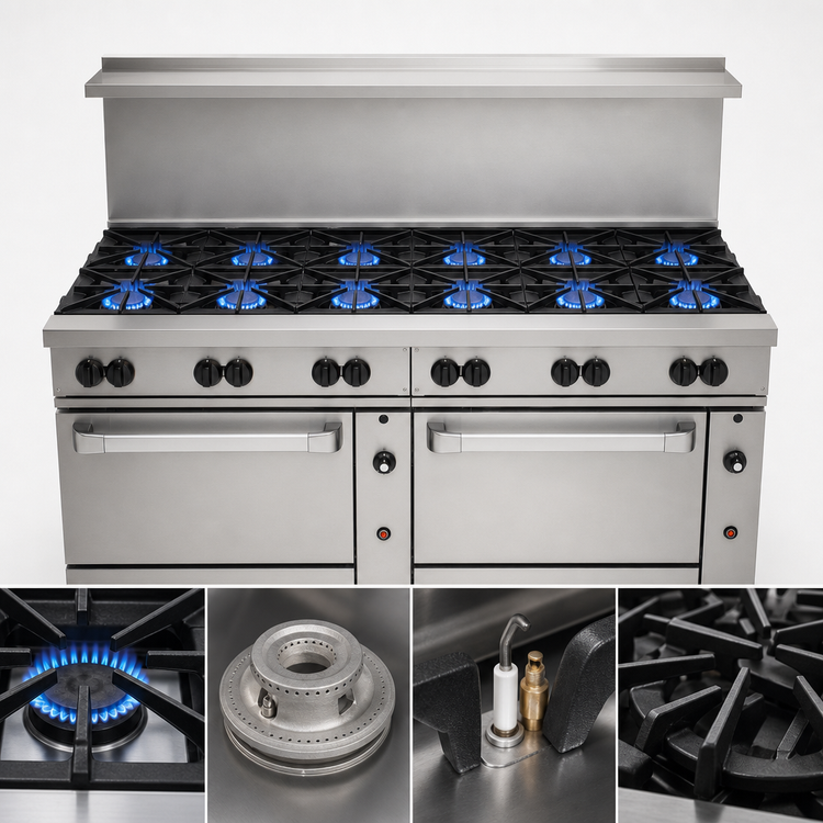 Product image #3 for Vulcan Endurance 72-Inch Gas Restaurant Range with 12 Open Burners and 2 Convection Ovens