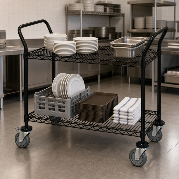 Product image #3 for Quantum 60-Inch Black Epoxy Antimicrobial Bus Cart with 2 Wire Shelves, 1200 lb Capacity