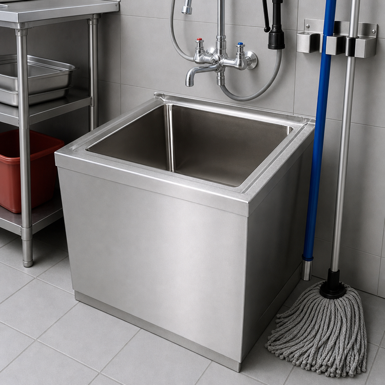 Product image #3 for BK Resources 24" x 24" x 12" Floor-Mounted Stainless Steel Mop Sink Kit with Faucet, Hose, Tool Holder, and Drain