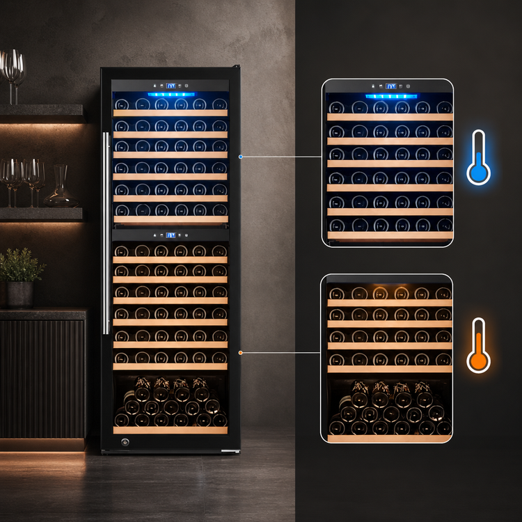 Product image #3 for Omcan Vinovero 25-Inch Dual Zone Commercial Wine Cooler, 126-Bottle Capacity, Locking Black Glass Door