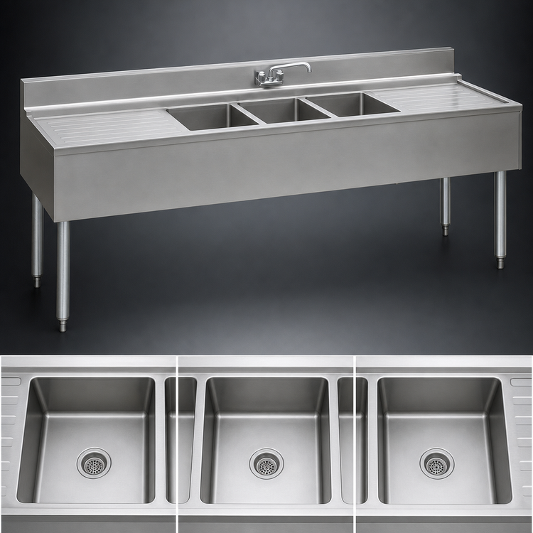 Product image #3 for 2200 Series Three-Compartment Underbar Sink with Left and Right Drainboards, 72-Inch Wide