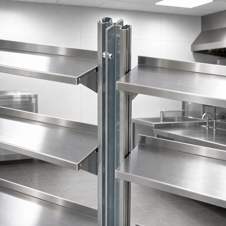 Product image #3 for NSF Stainless Steel Back-To-Back Cantilever Shelving Upright, 96-Inch Floor-To-Ceiling Mount