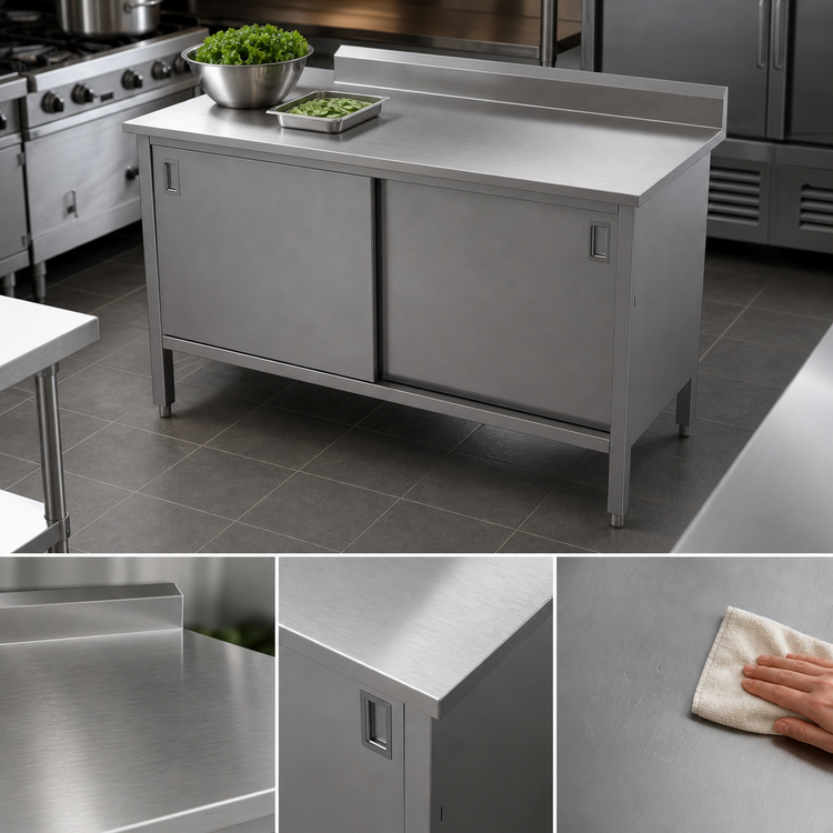 Product image #3 for John Boos Enclosed Base Work Table with Sliding Doors, 72W x 24D, 16-Gauge 300-Series Stainless Steel Top, 5-Inch Backsplash