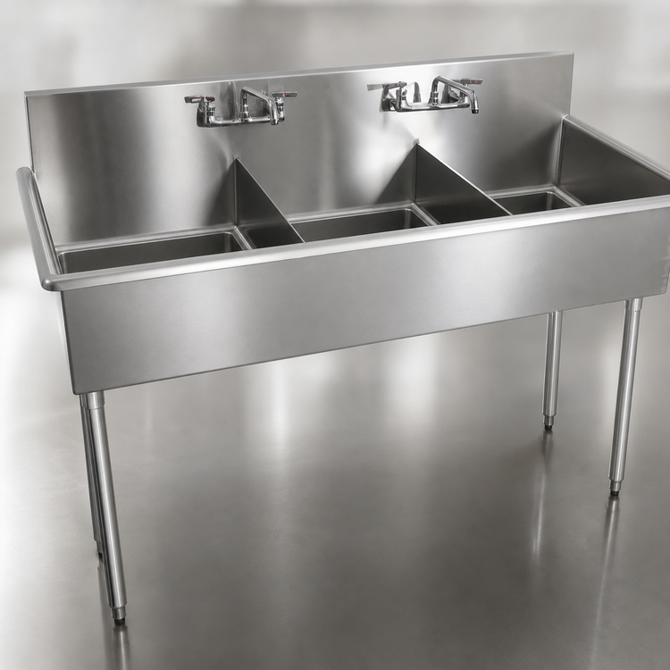 Product image #3 for BK Resources Budget 3-Compartment Stainless Steel Sink with 24 x 24 x 12 Inch Bowls, 8 Inch Backsplash, and Legs