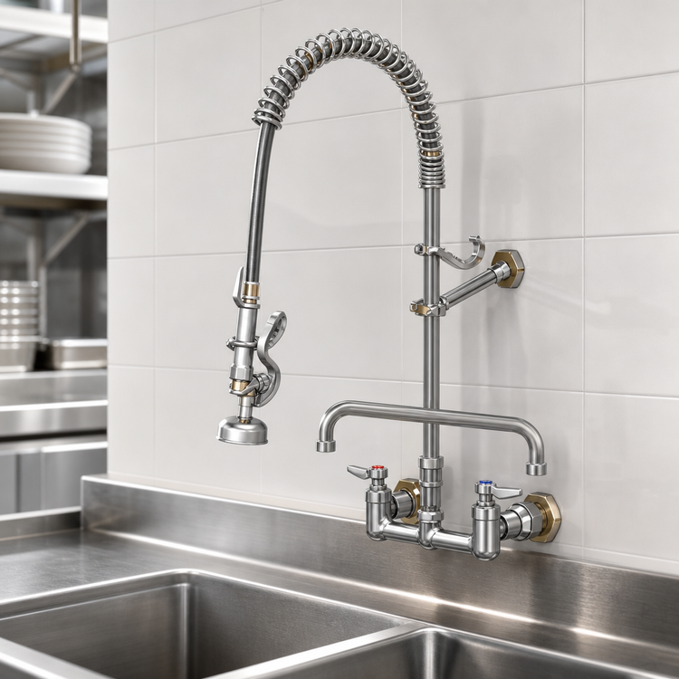 Product image #3 for T&S Brass EasyInstall 8-Inch Wall-Mount Pre-Rinse Unit with Add-On Faucet, 12-Inch Swing Nozzle, Vacuum Breaker, and 1.15 GPM Spray Valve