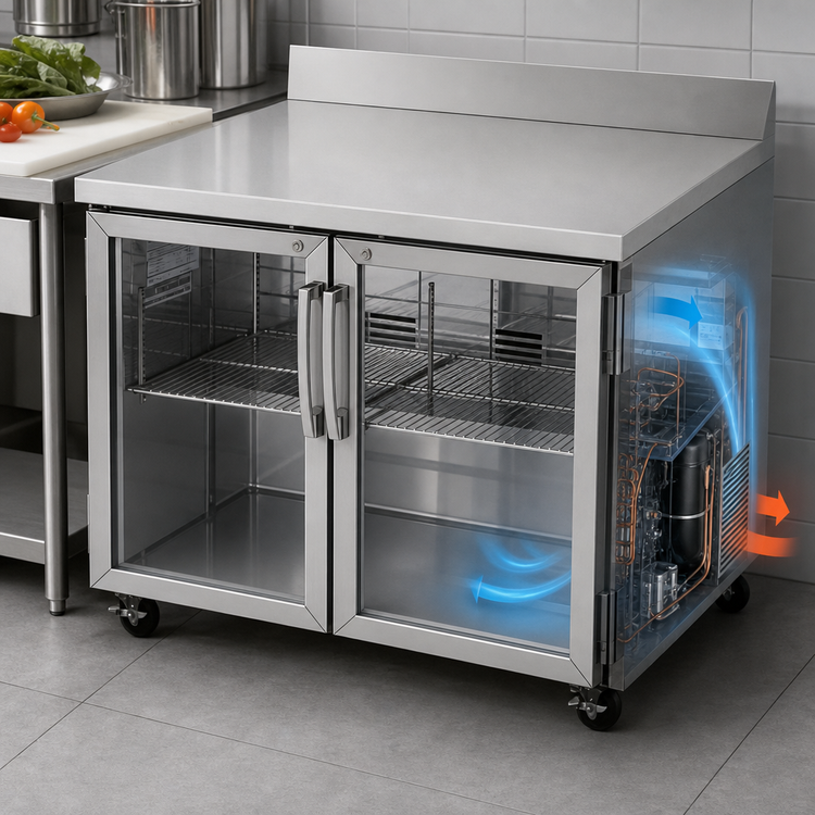 Product image #3 for Turbo Air PRO Series Two-Section Glass Door Worktop Refrigerator, 48-1/4" W, Self-Contained