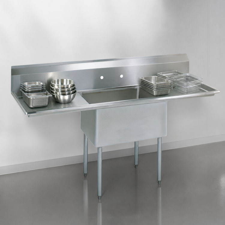 Product image #3 for BK Resources One-Compartment Double Drainboard Stainless Steel Compartment Sink with 9-Inch Backsplash, 52 x 25-13/16 Inches