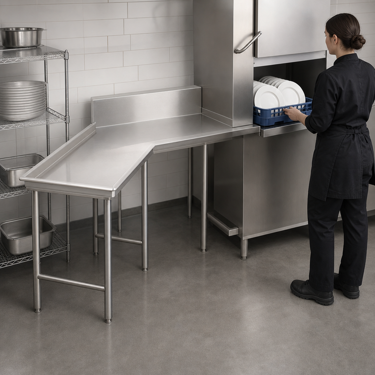 Product image #3 for Advance Tabco L-Shaped Left-Hand Island-Clean Dish Table, 59 Inch, 10-1/2 Inch Backsplash, 304 Stainless Steel