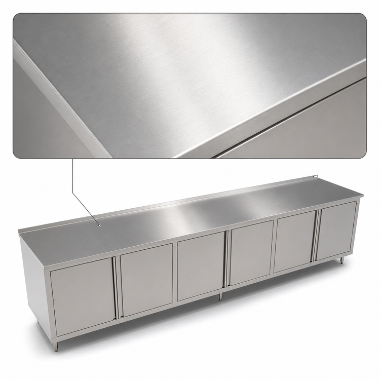 Product image #3 for John Boos 144" x 36" 14-Gauge Stainless Steel Cabinet Base Work Table with Hinged Doors and 1-1/2" Rear Up-Turn