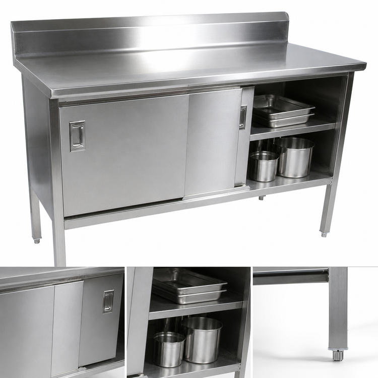 Product image #3 for John Boos Enclosed Work Table with Sliding Doors, 36 x 24 Inch, 14 Gauge 300 Series Stainless Steel Top, 5 Inch Backsplash