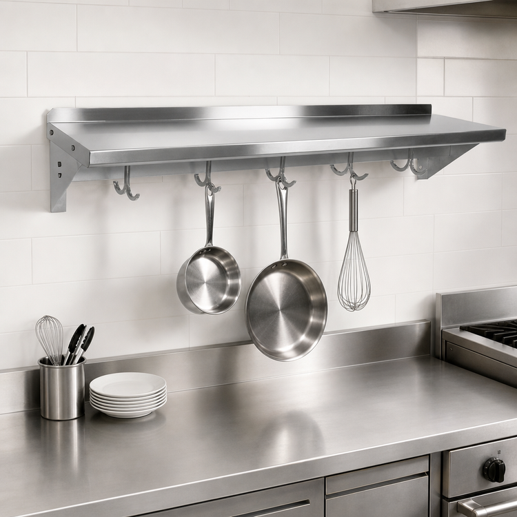 Product image #3 for John Boos Stallion Wall-Mount Commercial Pot Rack Shelf with 3 Hooks, 36 x 18 Inches