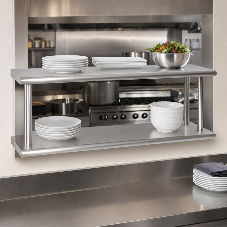 Product image #3 for BK Resources Double Tier Wall-Mounted Pass Through Shelf, 72 W x 24 D, Stainless Steel